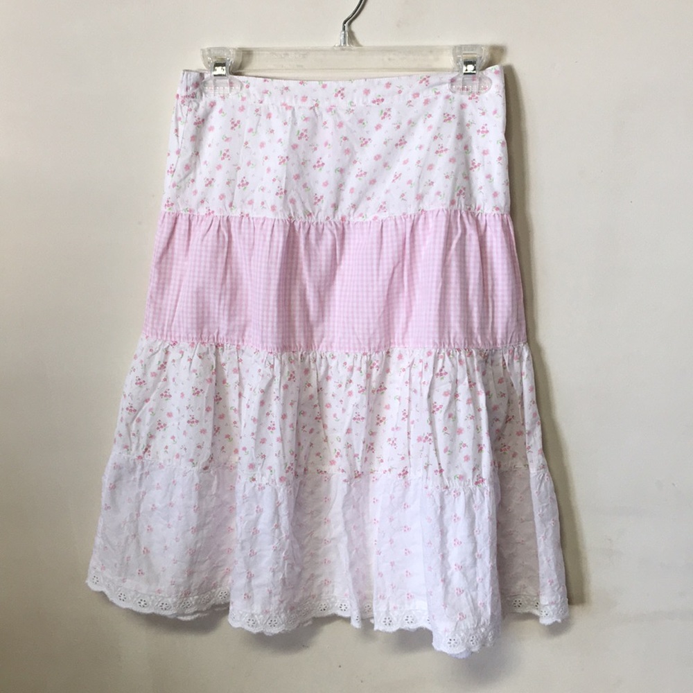 Cotton white pink floral eyelet tiered skirt 16